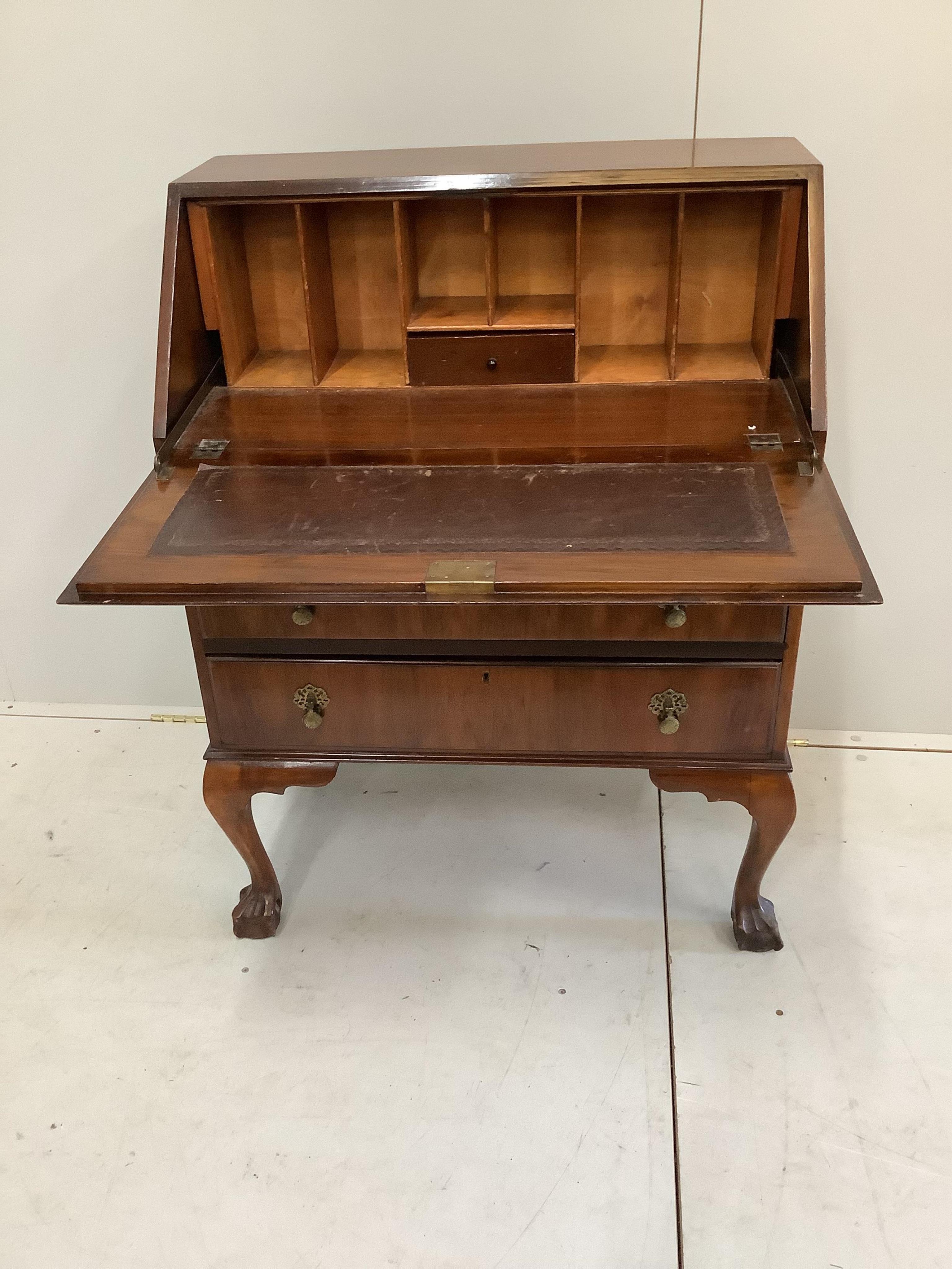 A Queen Anne revival figured walnut bureau, width 74cm, depth 41cm, height 98cm. Condition good
